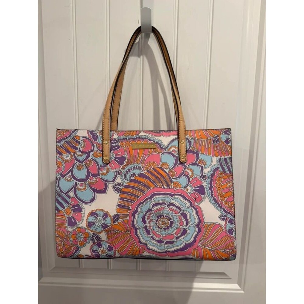 Trina Turk Large Floral Tote Bag Pink Orange Purple Blue Gold Hardware